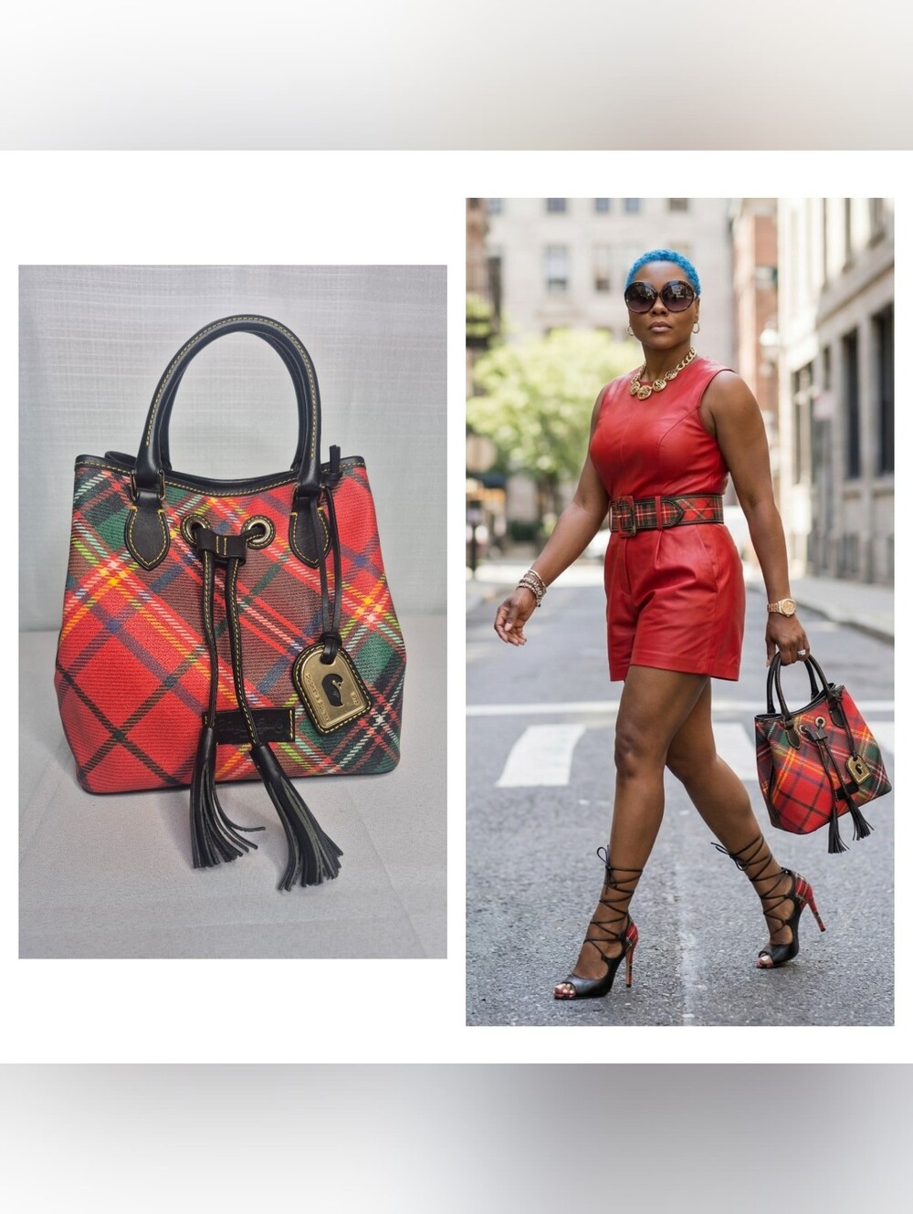 Dooney & Bourke Tartan Plaid Canvas Bucket Bag